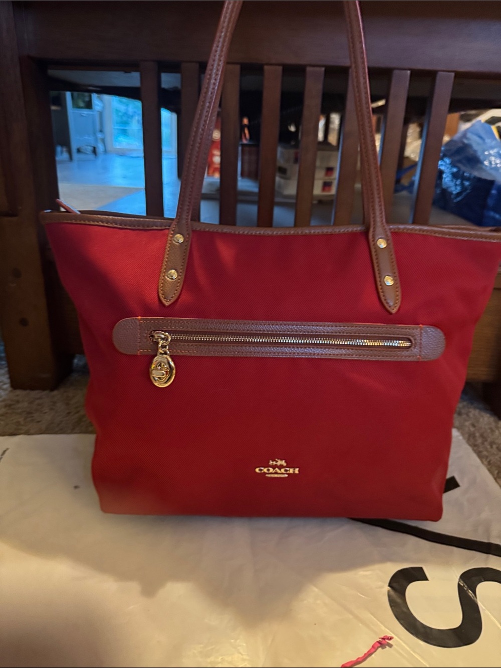 Coach Red Tote with Brown Leather Trim and Gold Hardware. Like new